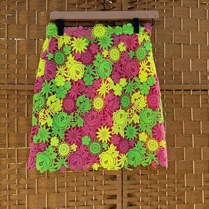 VALENTINO Lace Patches Floral Fluo Guipure Green Yellow Pink Mini Skirt‎